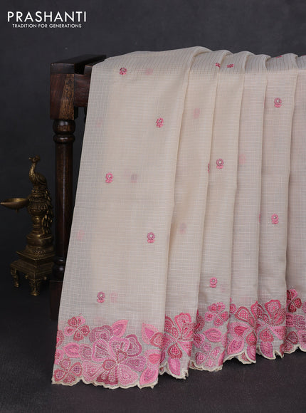 Kota silk saree beige and peach pink with embroidery work and embroidery border