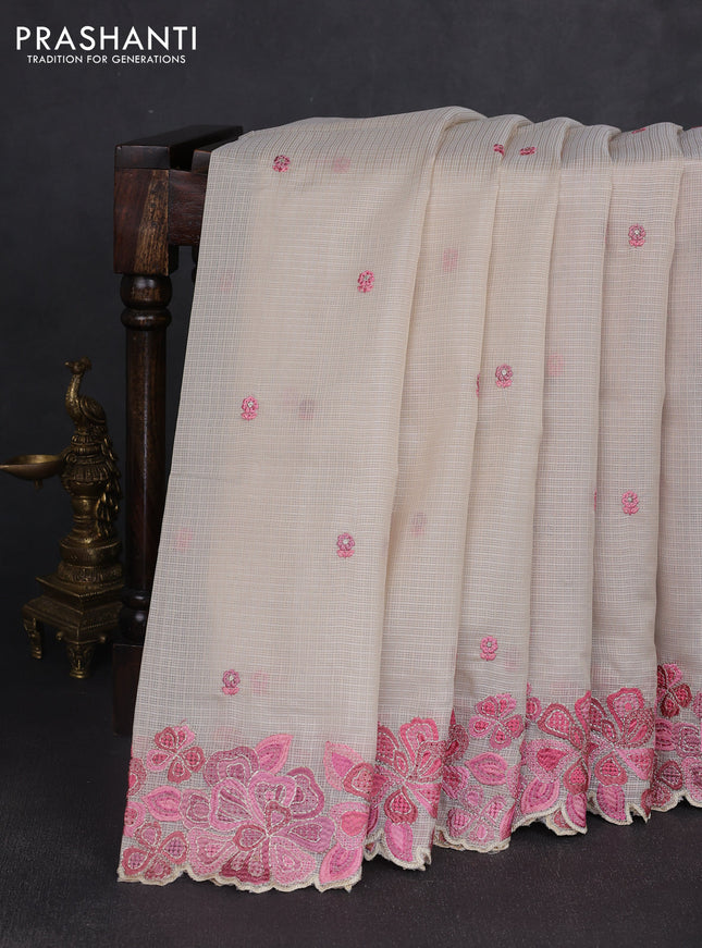 Kota silk saree beige and peach pink with embroidery work and embroidery border