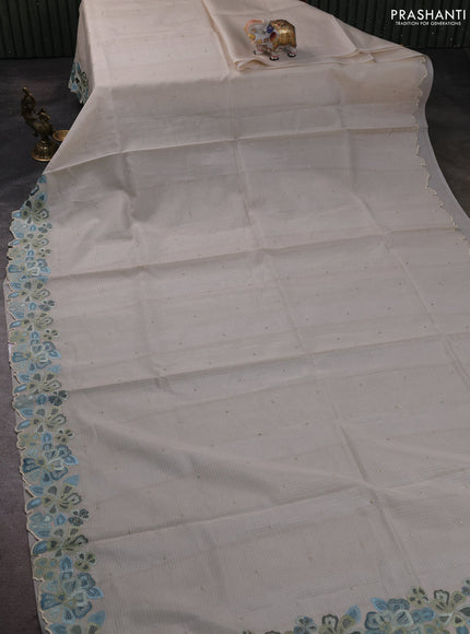 Kota silk saree beige and teal blue with embroidery work and embroidery border