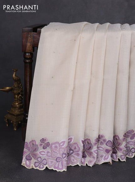 Kota silk saree beige and mild lavender with embroidery work and embroidery border