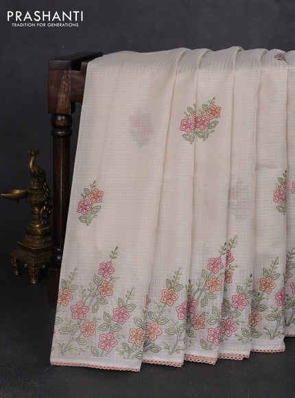 Kota silk saree beige and pale orange with embroidery work and floral embroidery corcia lace border