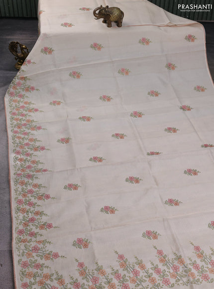 Kota silk saree beige and pale orange with embroidery work and floral embroidery corcia lace border