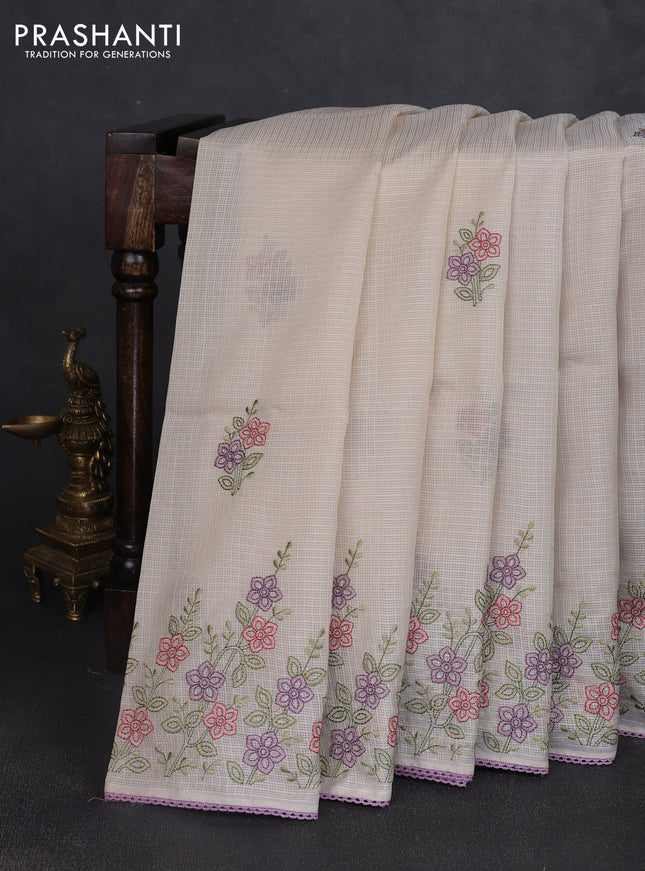 Kota silk saree beige and mild lavender with embroidery work and floral embroidery corcia lace border