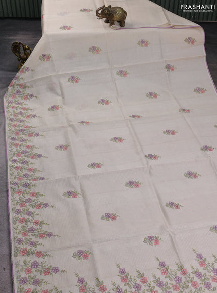Kota silk saree beige and mild lavender with embroidery work and floral embroidery corcia lace border