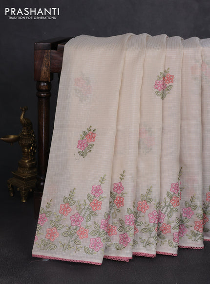 Kota silk saree beige and mild peach pink with embroidery work and floral embroidery corcia lace border