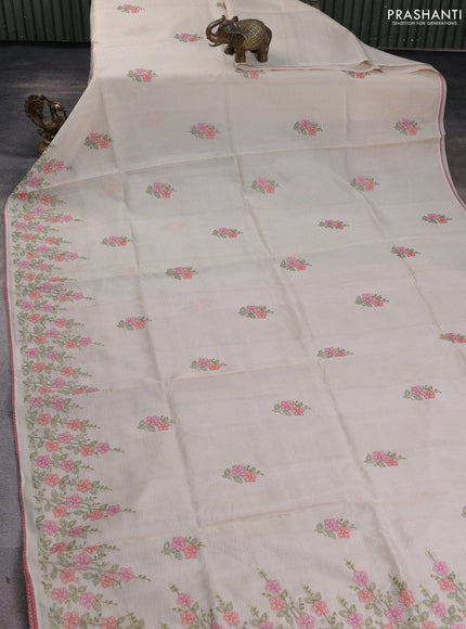 Kota silk saree beige and mild peach pink with embroidery work and floral embroidery corcia lace border