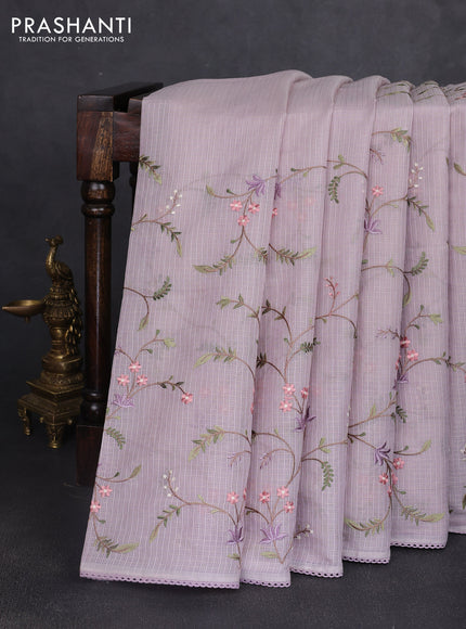 Kota silk saree mild lavender with allover embroidery work and crocia lace border
