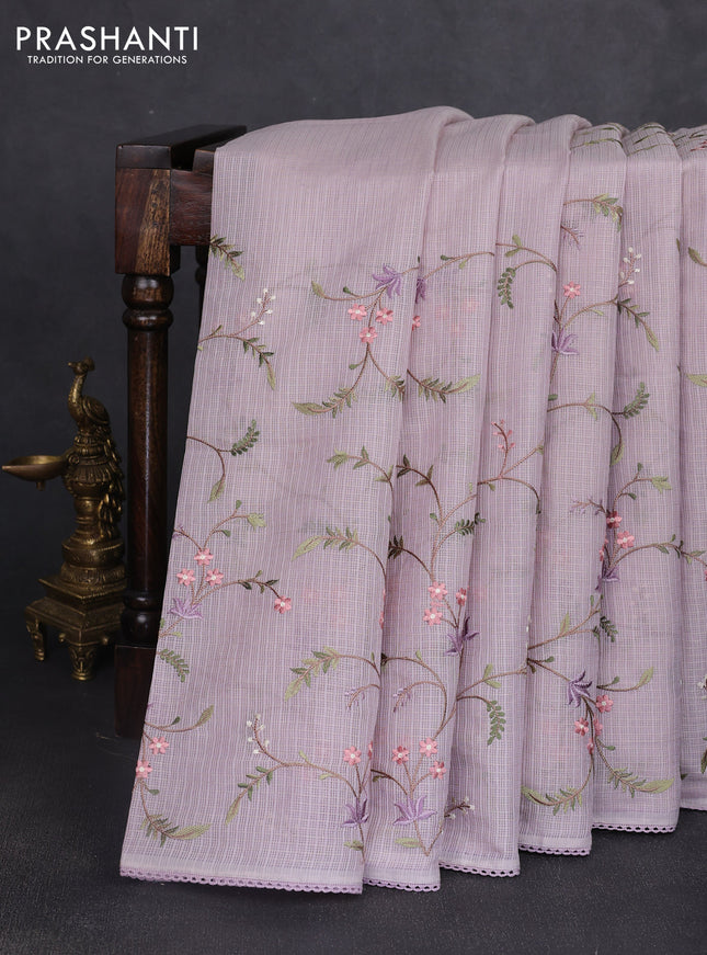 Kota silk saree mild lavender with allover embroidery work and crocia lace border