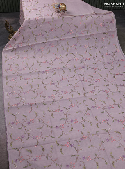 Kota silk saree mild lavender with allover embroidery work and crocia lace border