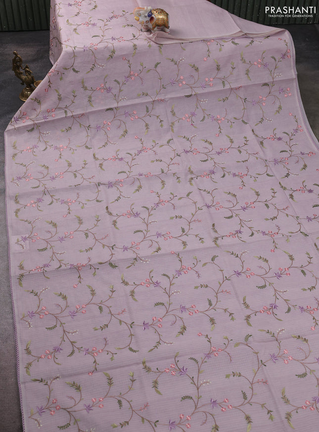 Kota silk saree mild lavender with allover embroidery work and crocia lace border