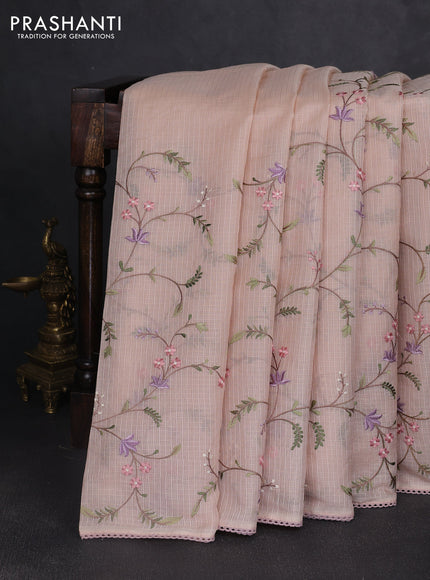 Kota silk saree pastel peach with allover embroidery work and crocia lace border