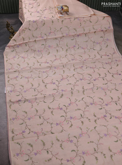 Kota silk saree pastel peach with allover embroidery work and crocia lace border
