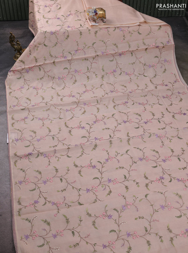 Kota silk saree pastel peach with allover embroidery work and crocia lace border