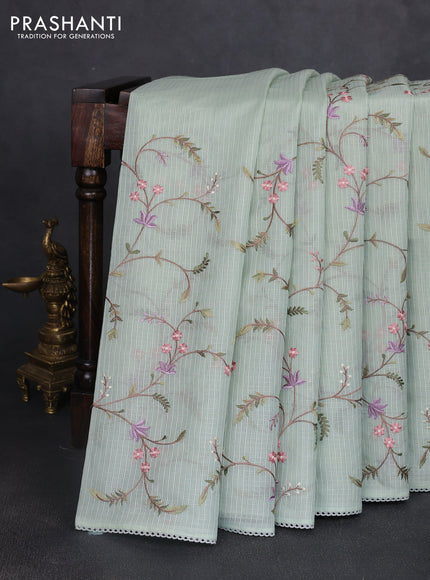 Kota silk saree pastel green with allover embroidery work and crocia lace border