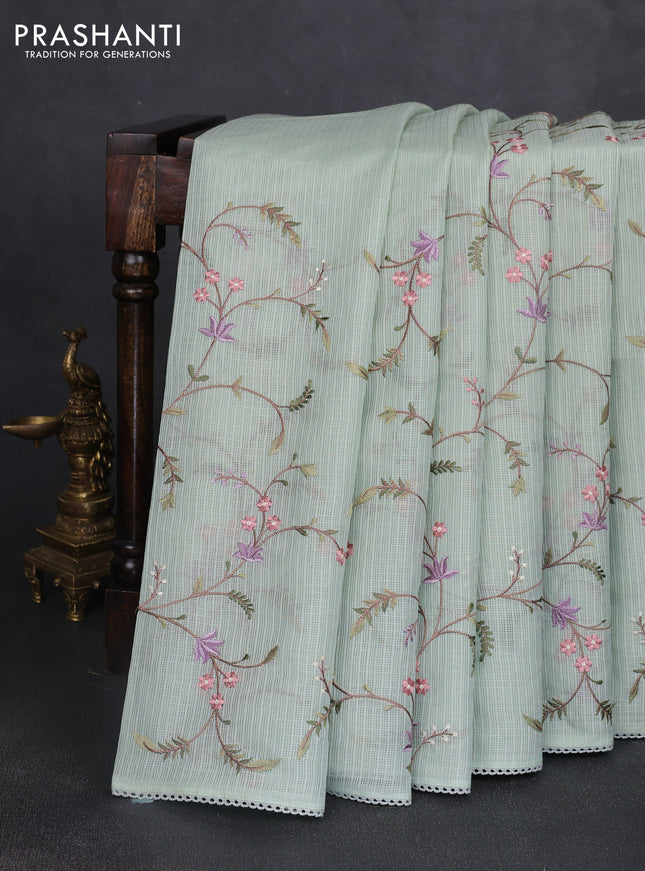 Kota silk saree pastel green with allover embroidery work and crocia lace border
