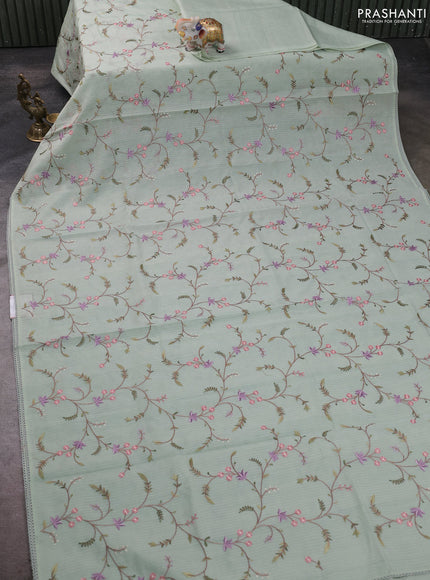 Kota silk saree pastel green with allover embroidery work and crocia lace border