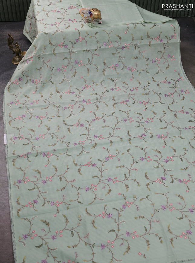 Kota silk saree pastel green with allover embroidery work and crocia lace border