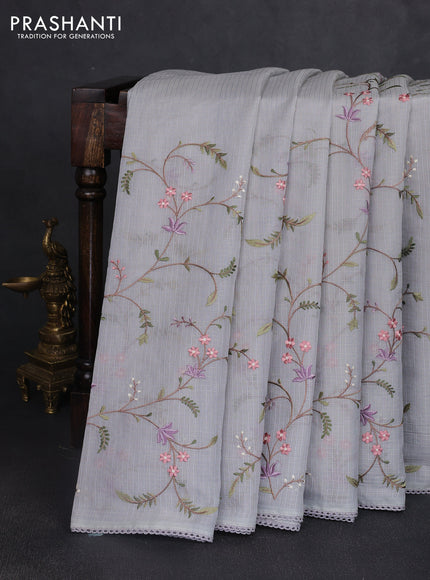 Kota silk saree grey with allover embroidery work and crocia lace border