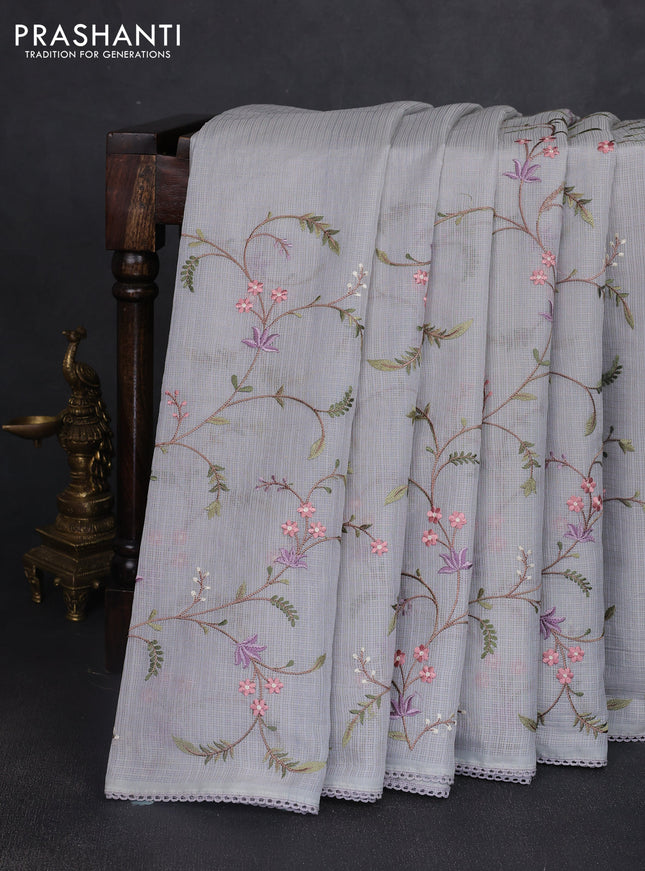 Kota silk saree grey with allover embroidery work and crocia lace border