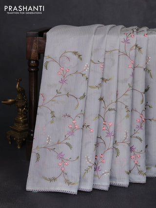 Kota silk saree grey with allover embroidery work and crocia lace border