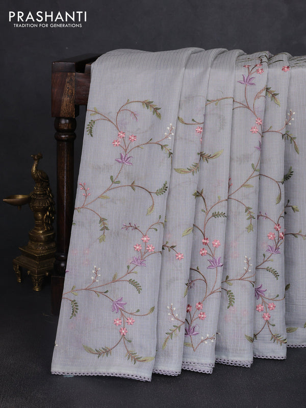 Kota silk saree grey with allover embroidery work and crocia lace border