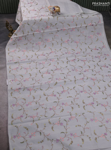 Kota silk saree grey with allover embroidery work and crocia lace border