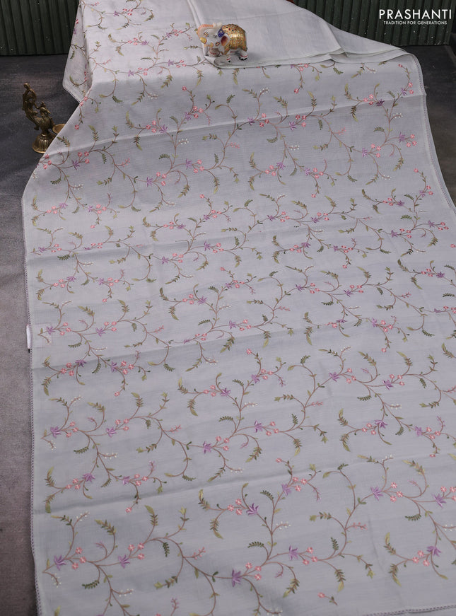 Kota silk saree grey with allover embroidery work and crocia lace border