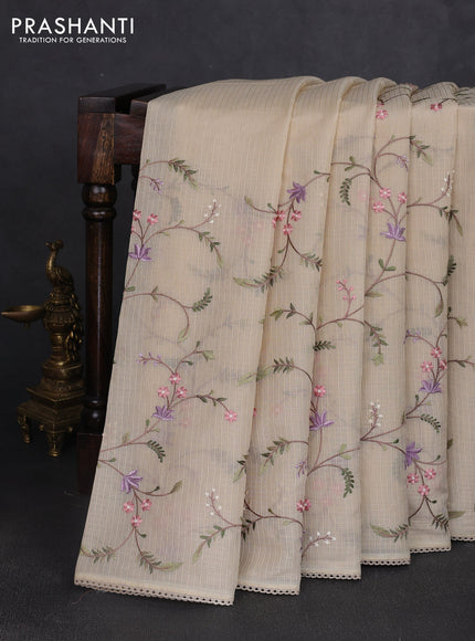 Kota silk saree beige with allover embroidery work and crocia lace border
