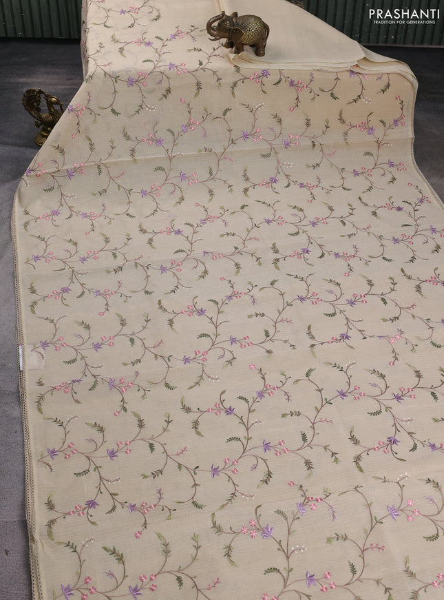 Kota silk saree beige with allover embroidery work and crocia lace border