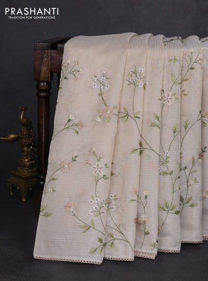 Kota silk saree beige with allover embroidery work and crocia lace border