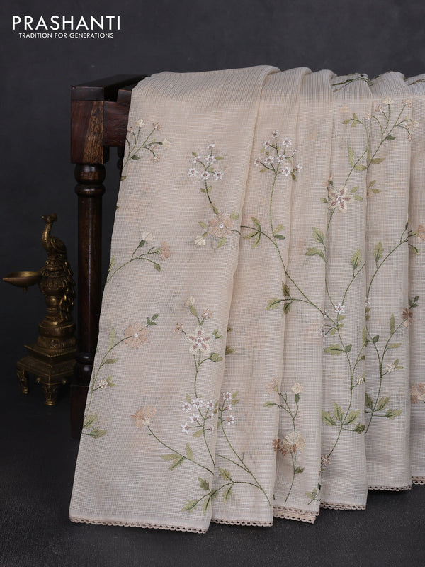 Kota silk saree beige with allover embroidery work and crocia lace border
