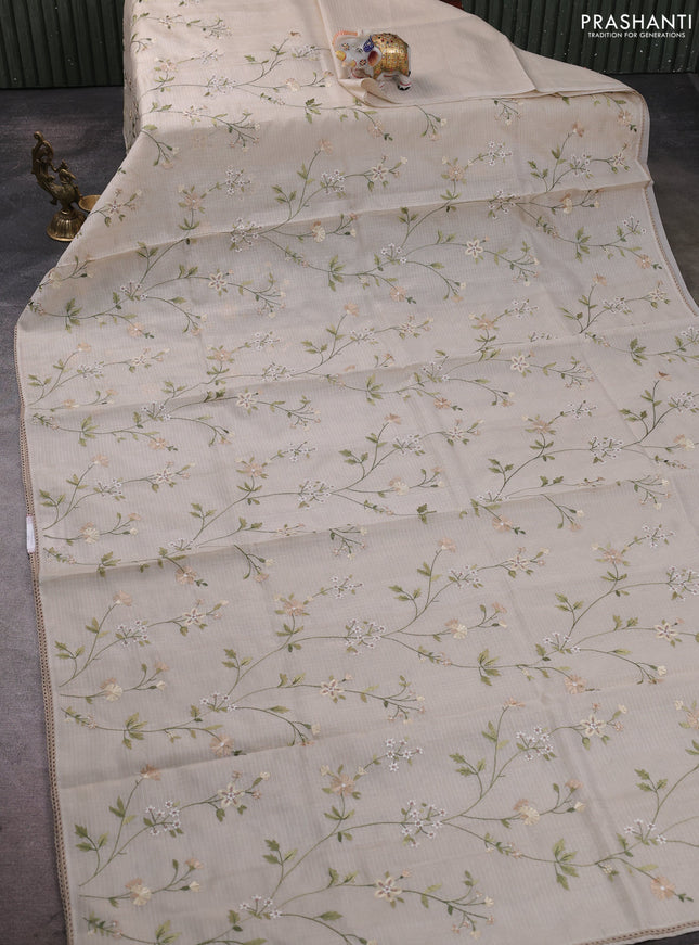 Kota silk saree beige with allover embroidery work and crocia lace border
