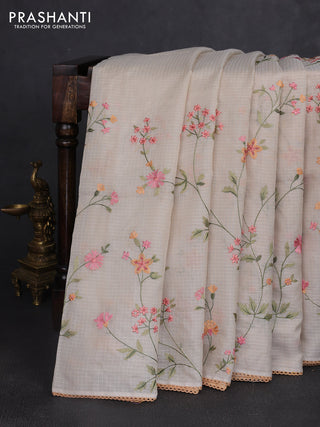 Kota silk saree beige and pale orange with allover embroidery work and crocia lace border