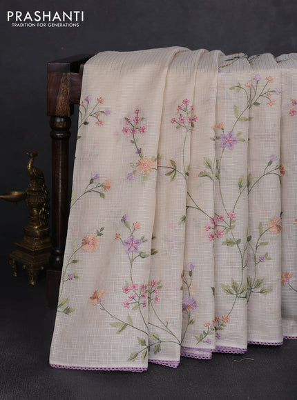 Kota silk saree beige and lavender with allover embroidery work and crocia lace border