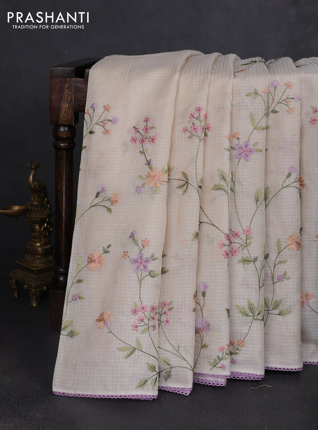 Kota silk saree beige and lavender with allover embroidery work and crocia lace border