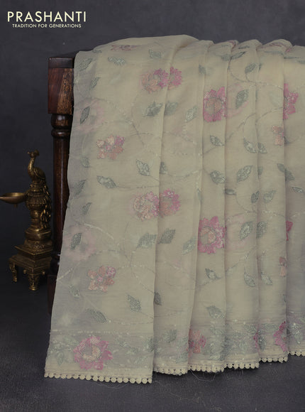 Pure organza silk saree beige with allover embroidery sequin work and embroidery crocia lace work border