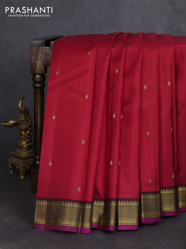 Pure kanchipuram silk saree red and coffee brown with zari woven buttas and zari woven korvai border