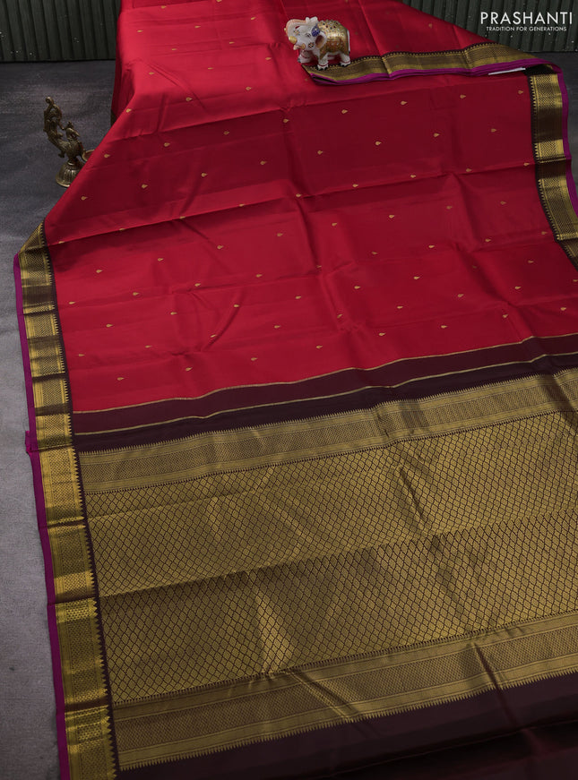 Pure kanchipuram silk saree red and coffee brown with zari woven buttas and zari woven korvai border
