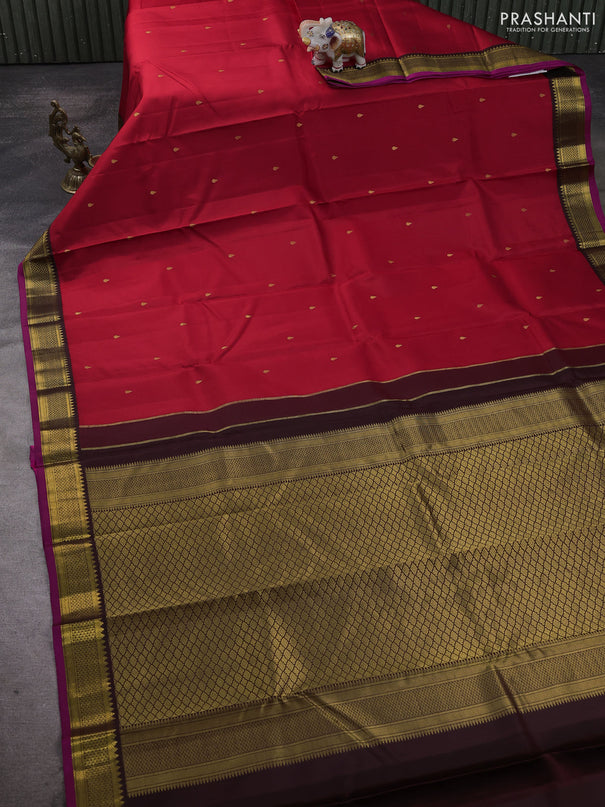Pure kanchipuram silk saree red and coffee brown with zari woven buttas and zari woven korvai border