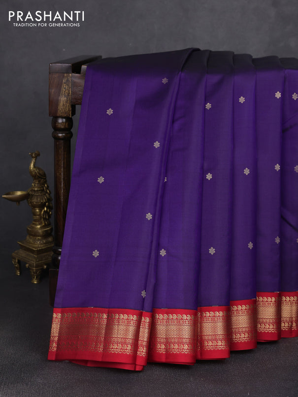 Pure kanchipuram silk saree blue and red with zari woven buttas and rich zari woven korvai border