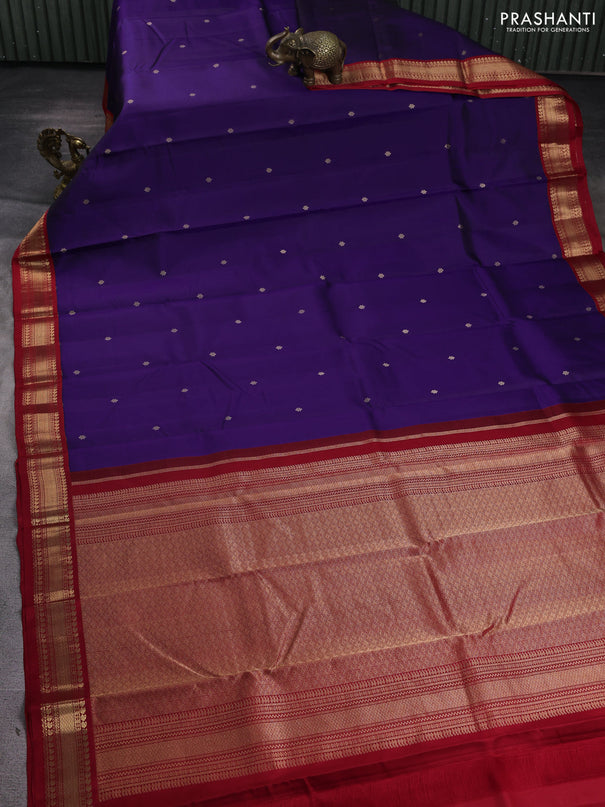 Pure kanchipuram silk saree blue and red with zari woven buttas and rich zari woven korvai border