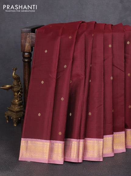 Pure kanchipuram silk saree maroon and dark peach with zari woven buttas and rich zari woven korvai border