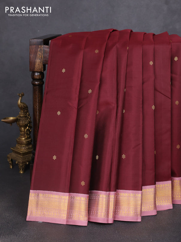 Pure kanchipuram silk saree maroon and dark peach with zari woven buttas and rich zari woven korvai border