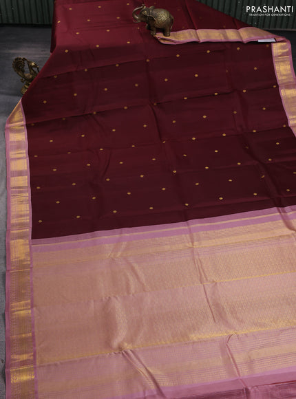Pure kanchipuram silk saree maroon and dark peach with zari woven buttas and rich zari woven korvai border