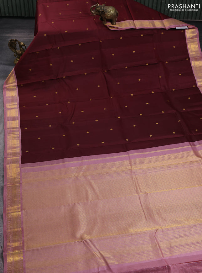 Pure kanchipuram silk saree maroon and dark peach with zari woven buttas and rich zari woven korvai border