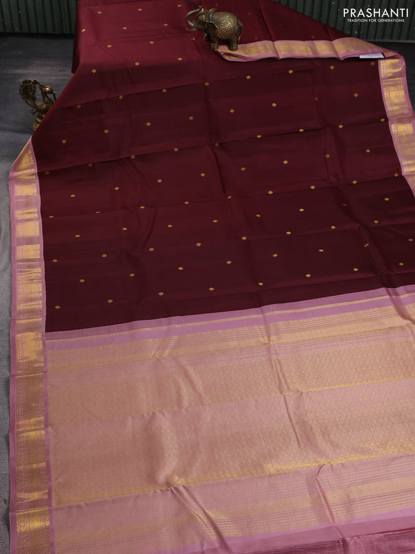 Pure kanchipuram silk saree maroon and dark peach with zari woven buttas and rich zari woven korvai border