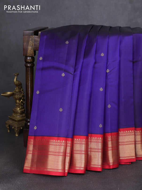 Pure kanchipuram silk saree blue and red with zari woven buttas and rich zari woven korvai border