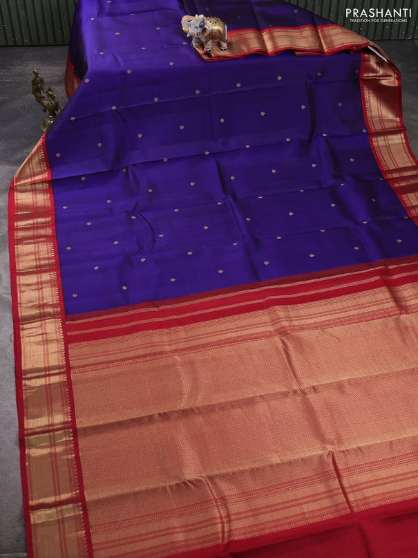 Pure kanchipuram silk saree blue and red with zari woven buttas and rich zari woven korvai border