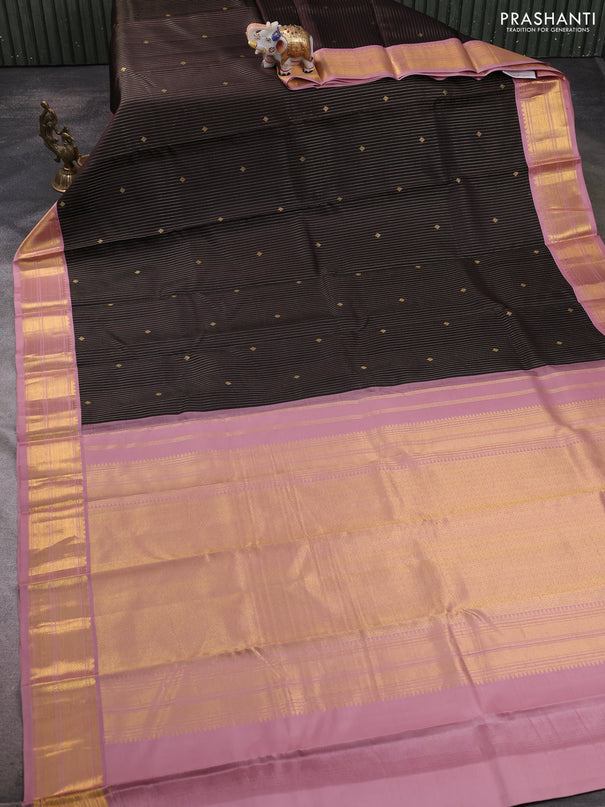 Pure kanchipuram silk saree coffee brown and pastel pink with allover zari weaves and rich zari woven korvai border