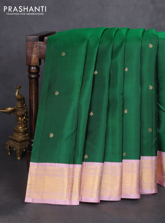 Pure kanchipuram silk saree green and pastel pink with zari woven buttas and rich zari woven korvai border